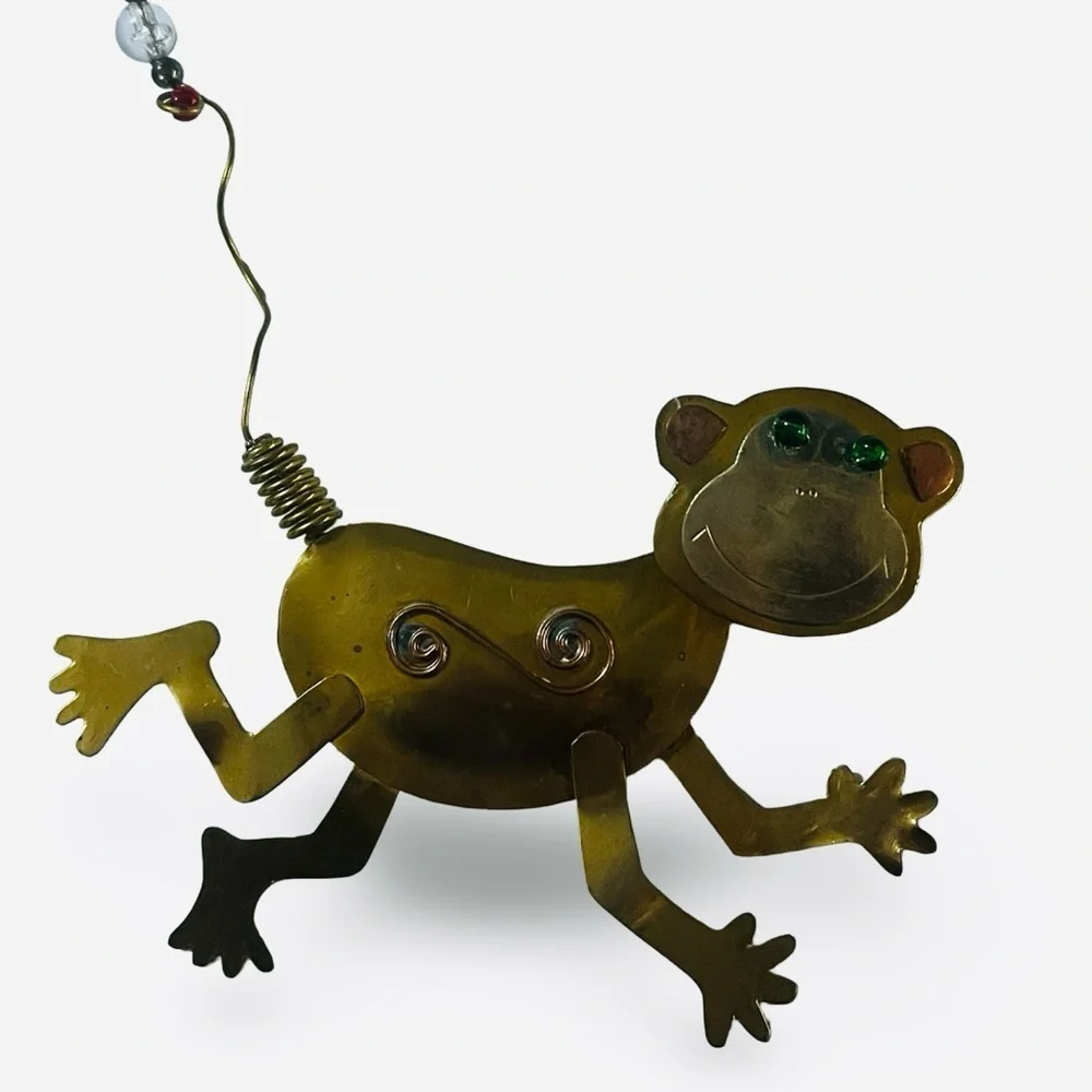 Brass Tone Folk Art Monkey Christmas Ornament
